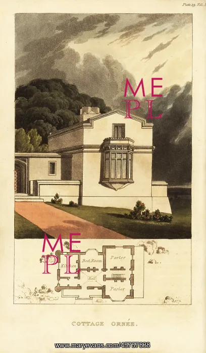 : Plan and elevation for a Georgian style ornate cottage : Plan and elevation for a Georgian style ornate cottage