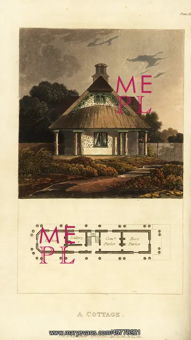 : Plan and elevation of a Regency cottage : Plan and elevation of a Regency cottage