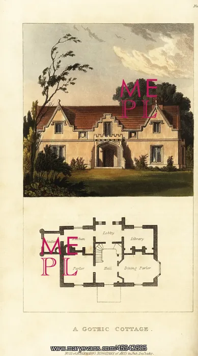 : Plan and elevation of a Regency Era, Gothic style cottage : Plan and elevation of a Regency Era, Gothic style cottage