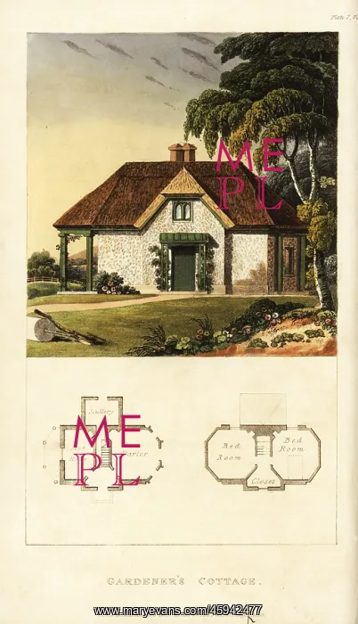 : Plan and elevation of a Regency gardener's cottage : Plan and elevation of a Regency gardener's cottage