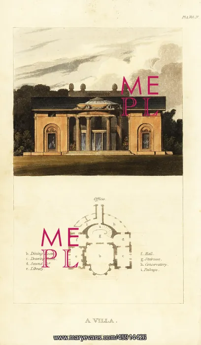 : Plan and elevation of a Regency neoclassical villa : Plan and elevation of a Regency neoclassical villa