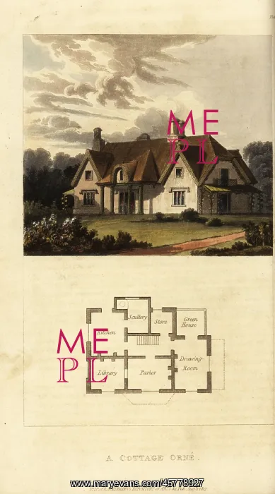 : Plan and elevation of a Regency thatched cottage : Plan and elevation of a Regency thatched cottage