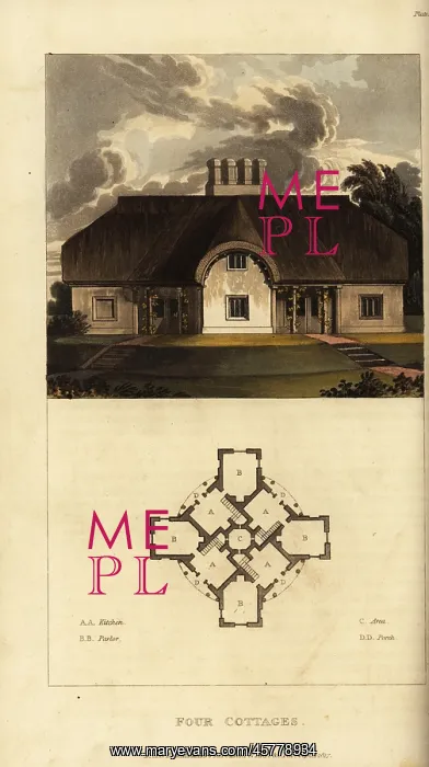 : Plan and elevation of a Regency thatched cottage : Plan and elevation of a Regency thatched cottage