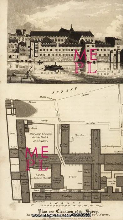 : Plan and elevation of the Savoy buildings, London, 1736 : Plan and elevation of the Savoy buildings, London, 1736