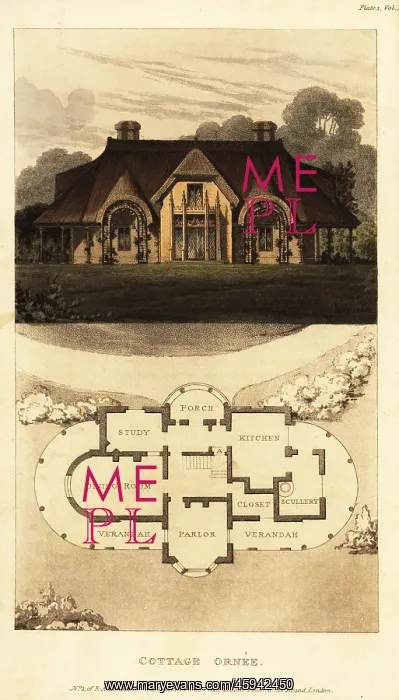 : Plan and elevation for a thatched cottage : Plan and elevation for a thatched cottage