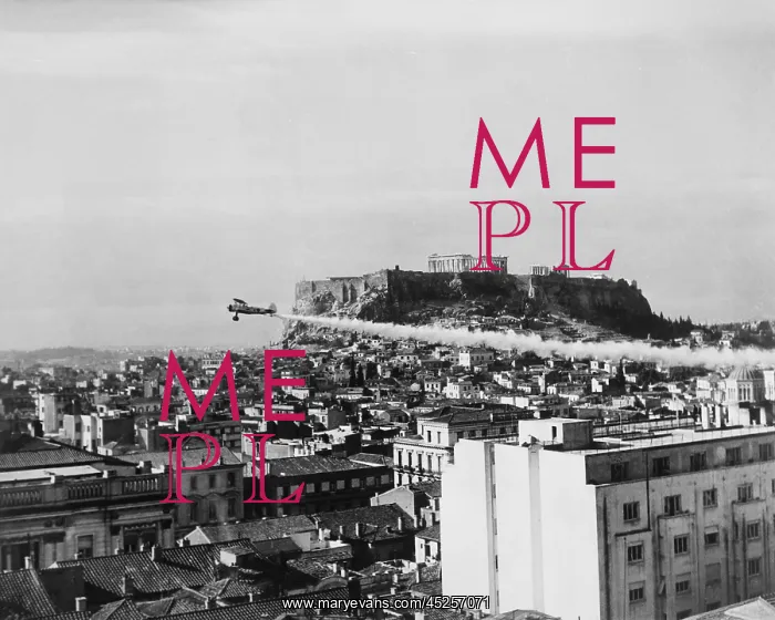 : A plane dusts the ancient city of Athens with : A plane dusts the ancient city of Athens with