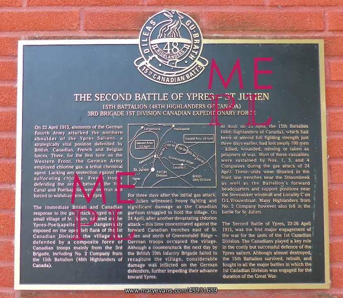 : Plaque to 15th Bn, 48th Can Highlanders, Gas Attack, St Juli : Plaque to 15th Bn, 48th Can Highlanders, Gas Attack, St Juli