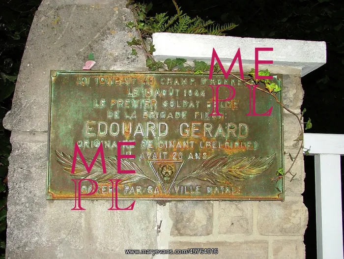 : Plaque to Edouard Gerard, 1st Belgian killed, Sallenelles : Plaque to Edouard Gerard, 1st Belgian killed, Sallenelles