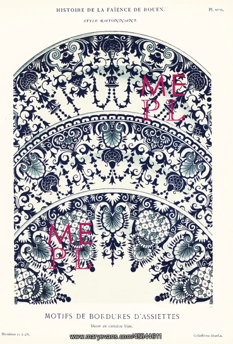 : Plate border mofifs in blue camaieu, festoon style, Rouen : Plate border mofifs in blue camaieu, festoon style, Rouen