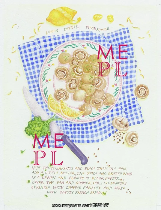: A plate of mushrooms on a blue gingham cloth : A plate of mushrooms on a blue gingham cloth