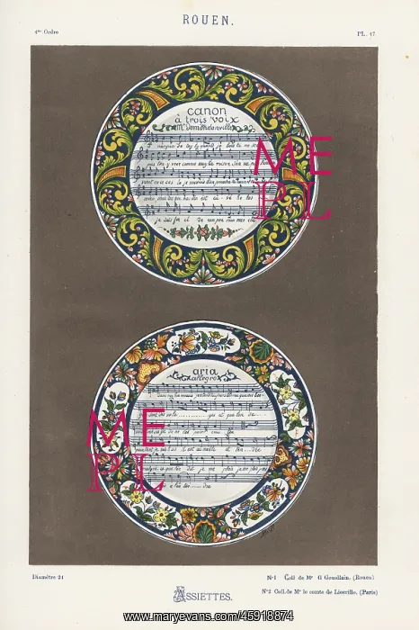 : Plates decorated with musical scores within : Plates decorated with musical scores within