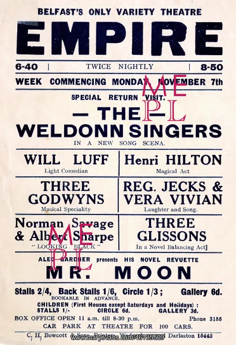  : Playbill, Empire Theatre, Belfast, Ireland, November 1921