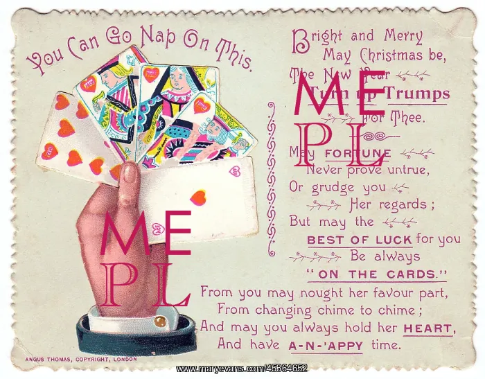 : Playing cards with comic verse on a Christmas card : Playing cards with comic verse on a Christmas card