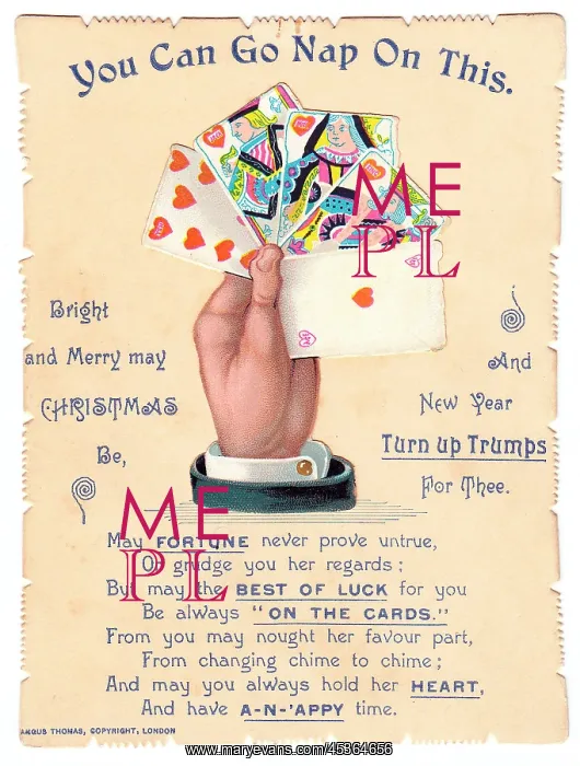 : Playing cards with comic verse on a Christmas card : Playing cards with comic verse on a Christmas card