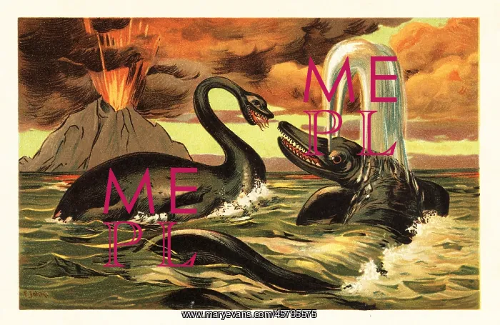: Plesiosaurus and Ichthyosaurus battling in front : Plesiosaurus and Ichthyosaurus battling in front