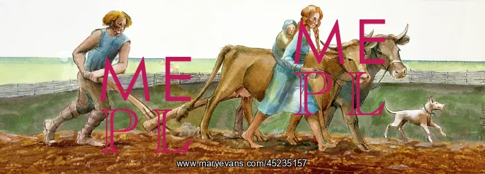 : Ploughing. Reconstruction drawing of family ploughing during the Iron Age by Judith Dobie : Ploughing. Reconstruction drawing of family ploughing during the Iron Age by Judith Dobie