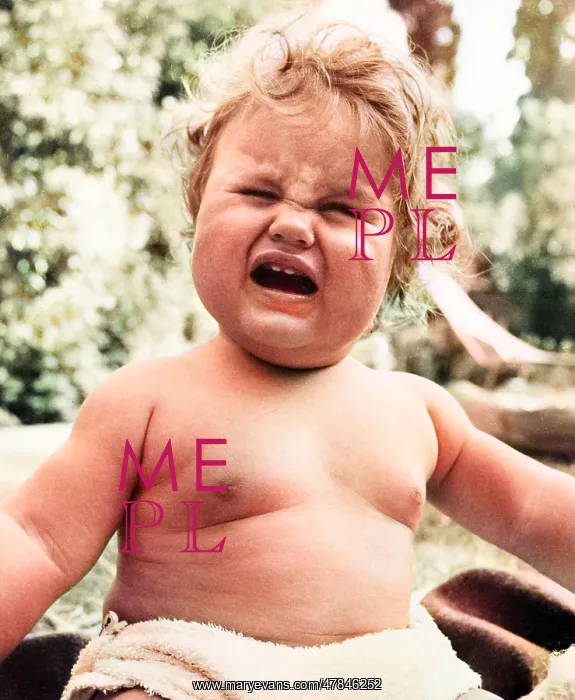 : Plump baby crying in a garden : Plump baby crying in a garden