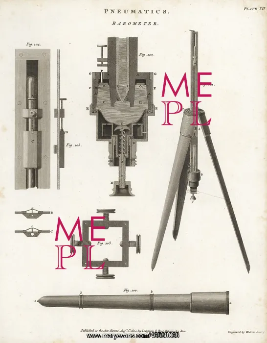 : Pneumatics- barometer, section, elevation, 18th century : Pneumatics- barometer, section, elevation, 18th century