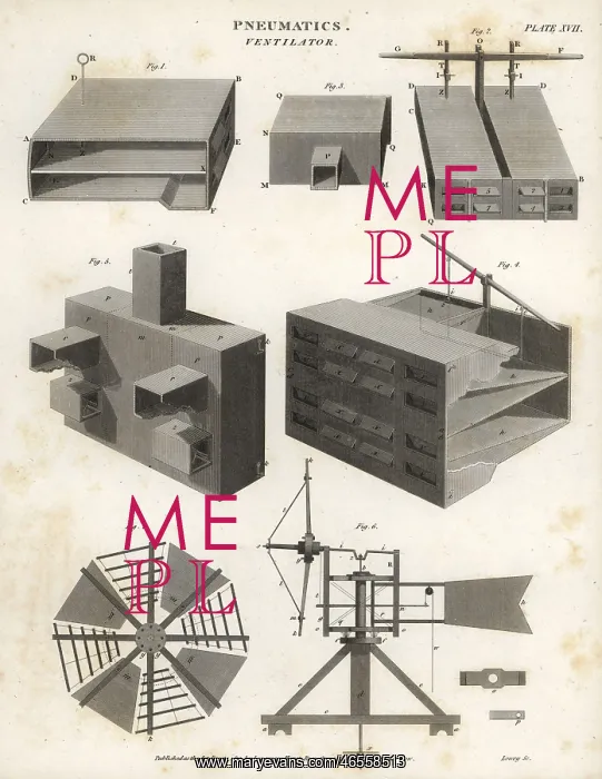 : Pneumatics ventilator, section and plan, 18th century : Pneumatics ventilator, section and plan, 18th century
