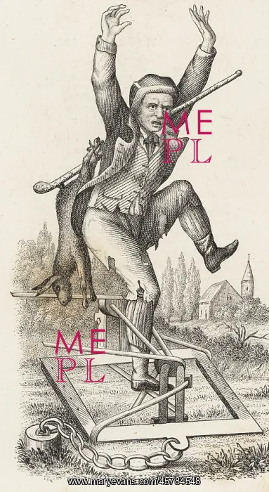 : Poacher with a rabbit on a stick caught in a mantrap : Poacher with a rabbit on a stick caught in a mantrap