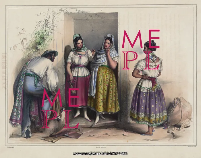  : Poblanas. Print showing a man and three women