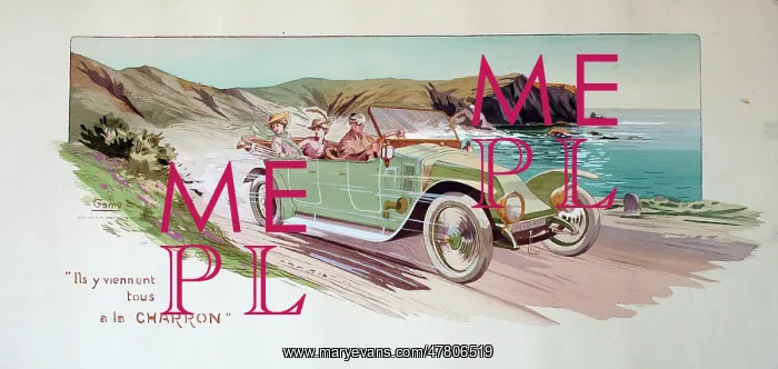 : Pochoir print, early car with driver and two passengers : Pochoir print, early car with driver and two passengers