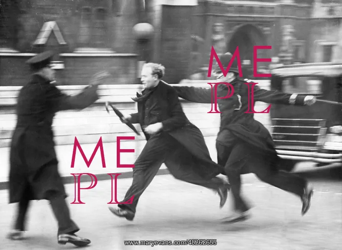 : Police chasing a demonstrator in London, 1939 : Police chasing a demonstrator in London, 1939