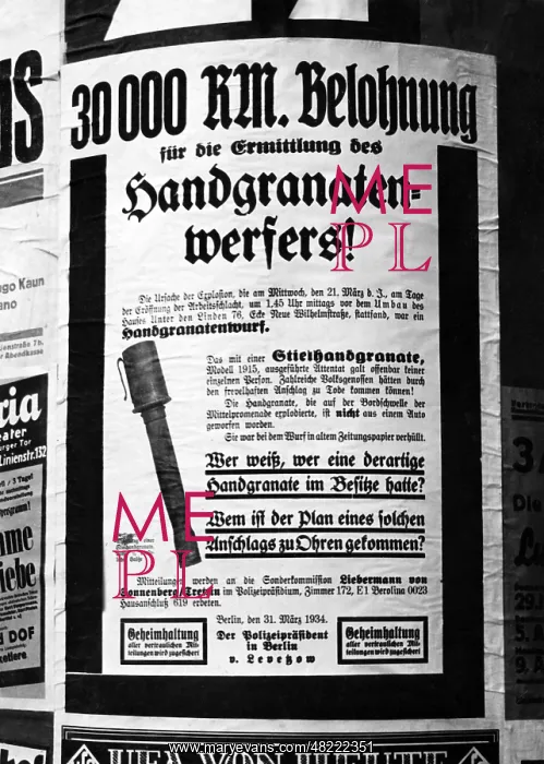 : Police poster after a hand grenade attack in Berlin, 193 : Police poster after a hand grenade attack in Berlin, 193
