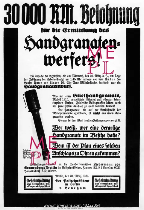 : Police poster after a hand grenade attack in Berlin, 193 : Police poster after a hand grenade attack in Berlin, 193
