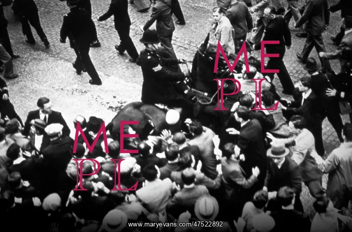 : Policeman on horseback with an unruly crowd : Policeman on horseback with an unruly crowd