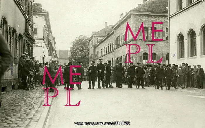 : Policemen block a road, 1930 : Policemen block a road, 1930