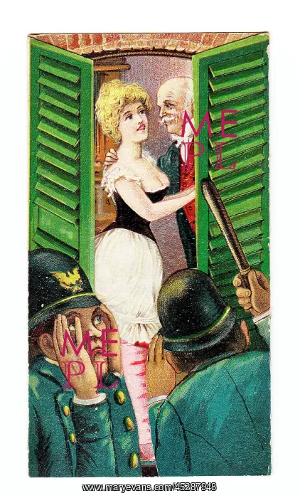 : Policemen and couple on a comic greetings card : Policemen and couple on a comic greetings card