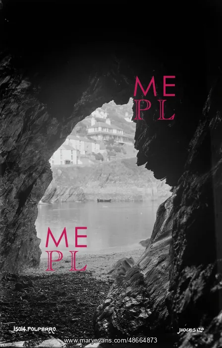 : Polperro. This image captures a view from inside a coastal cave : Polperro. This image captures a view from inside a coastal cave