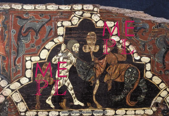: Detail of a polychrome beam with scene of a knight : Detail of a polychrome beam with scene of a knight