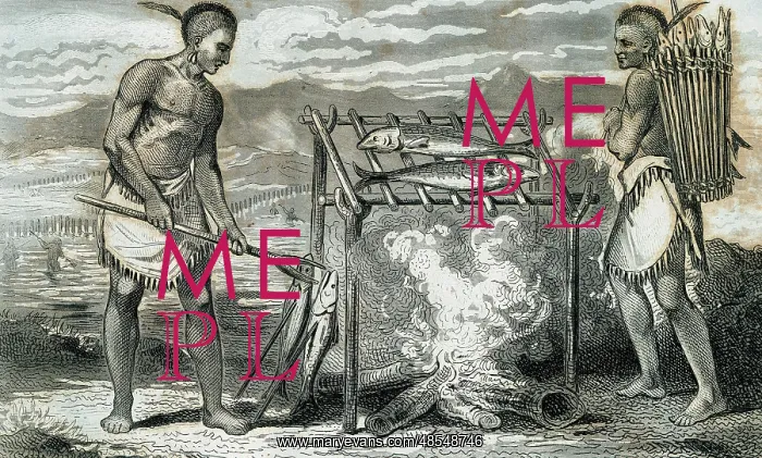  : Ponca indians roasting fish. Engraving