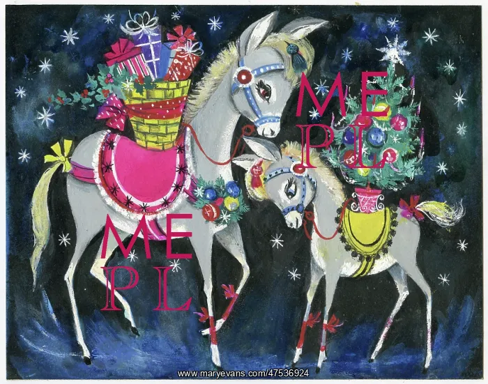 : Pony and foal with Christmas tree and gifts : Pony and foal with Christmas tree and gifts