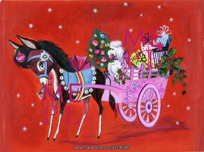 : Poodle in donkey cart with Christmas tree : Poodle in donkey cart with Christmas tree