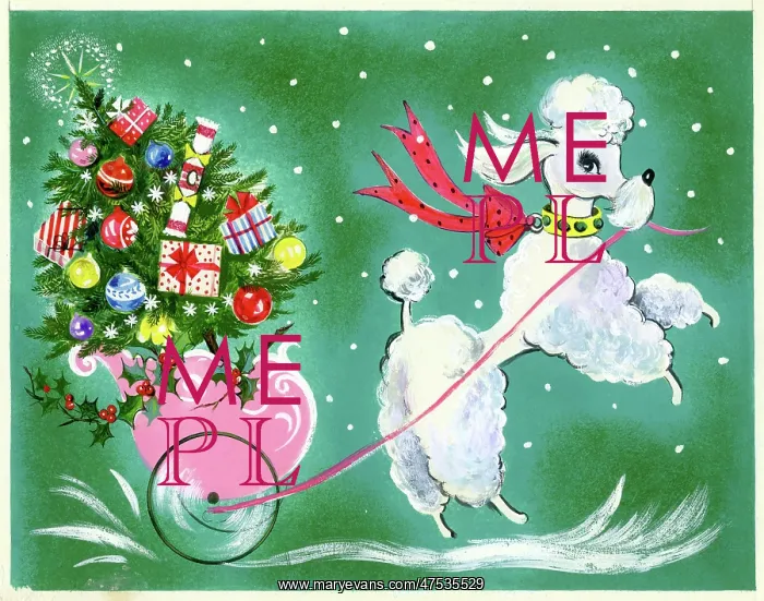 : Poodle pulling little cart with Christmas tree : Poodle pulling little cart with Christmas tree