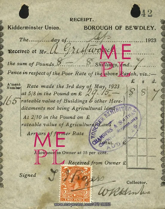  : Poor Rate Receipt, Kidderminster Union