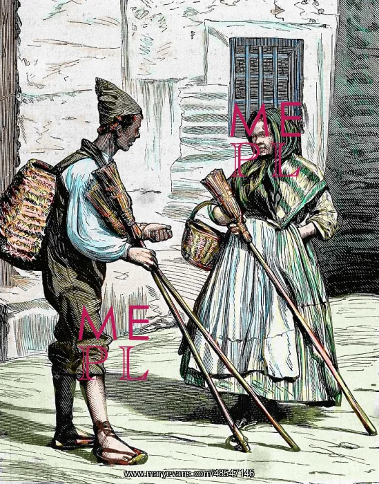 : Popular types. Sellers of brooms. Valencia. Spain. Colored e : Popular types. Sellers of brooms. Valencia. Spain. Colored e