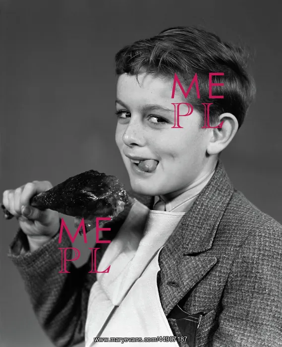 : Portrait of boy with napkin bib holding roast : Portrait of boy with napkin bib holding roast