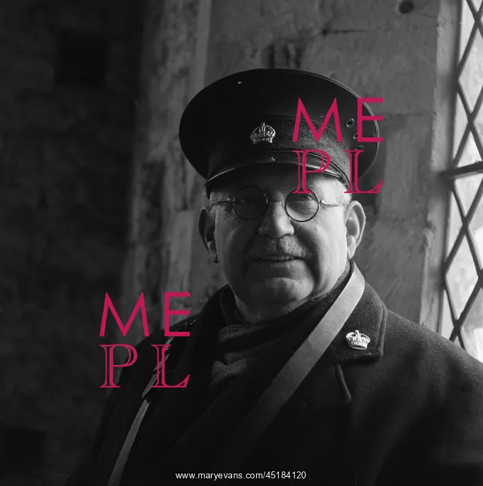 : Guide. Portrait of a custodian at Old Soar Manor, Plaxtol, in uniform cap and coat, Kent : Guide. Portrait of a custodian at Old Soar Manor, Plaxtol, in uniform cap and coat, Kent