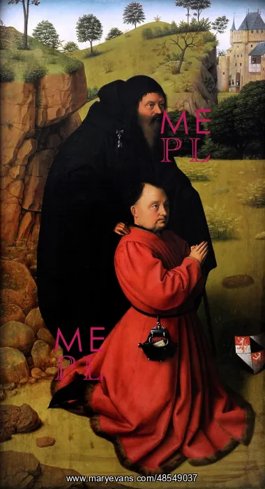 : Portrait of a Donor in Scarlet and St. Anthony, c.1450, by P : Portrait of a Donor in Scarlet and St. Anthony, c.1450, by P