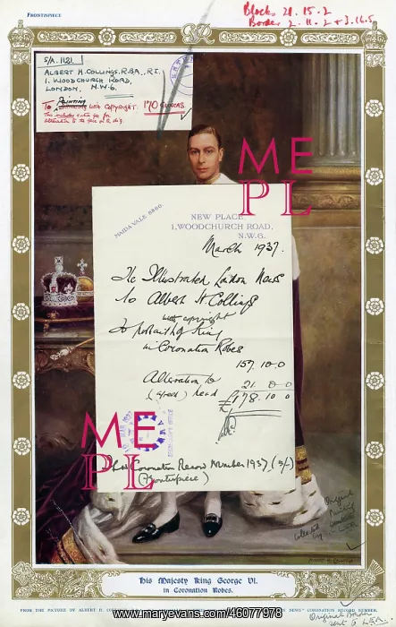 : Portrait of George VI by Albert Collings with invoice : Portrait of George VI by Albert Collings with invoice