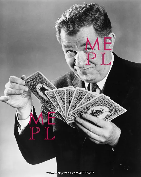 : Portrait of man with large cards : Portrait of man with large cards