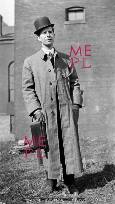 : Portrait Man Standing Bowler Hat Long Wool Coat Looking a : Portrait Man Standing Bowler Hat Long Wool Coat Looking a