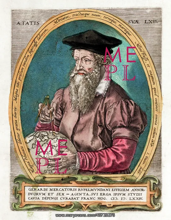 : Portrait of Mercator with globe and compass : Portrait of Mercator with globe and compass