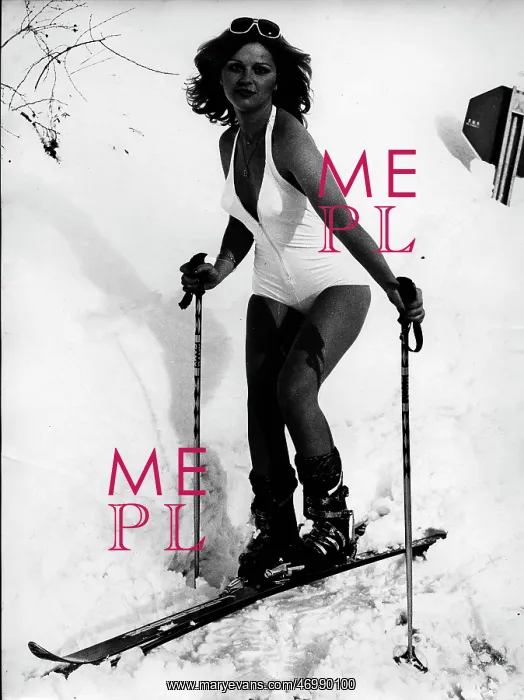 : Portrait of model Jeane Manson skiing in a bathing suit : Portrait of model Jeane Manson skiing in a bathing suit