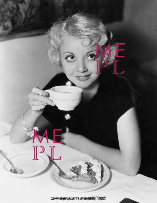 : Portrait of woman having pie and coffee : Portrait of woman having pie and coffee