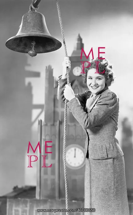 : Portrait of woman ringing bell with model clock tower : Portrait of woman ringing bell with model clock tower